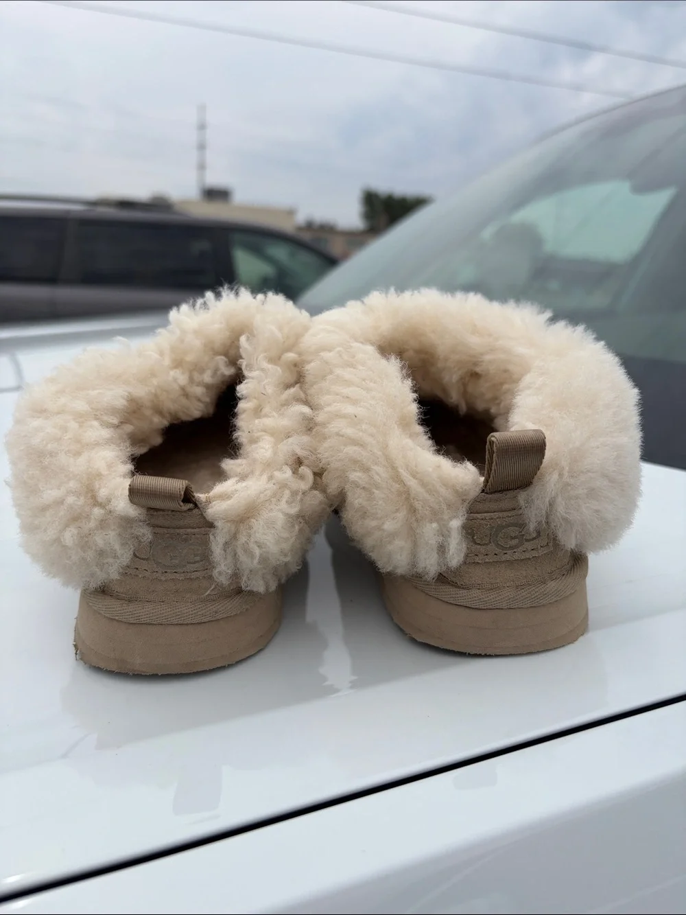 UGG Kids TazzelleSuede Shearling Clog in Taupe with Cream Trim